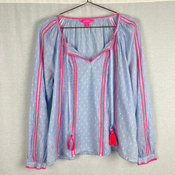 Lilly Pulitzer Top Mardi Long Sleeve Chambray Peasant Blouse Beachy Vacation - Picture 2 of 10